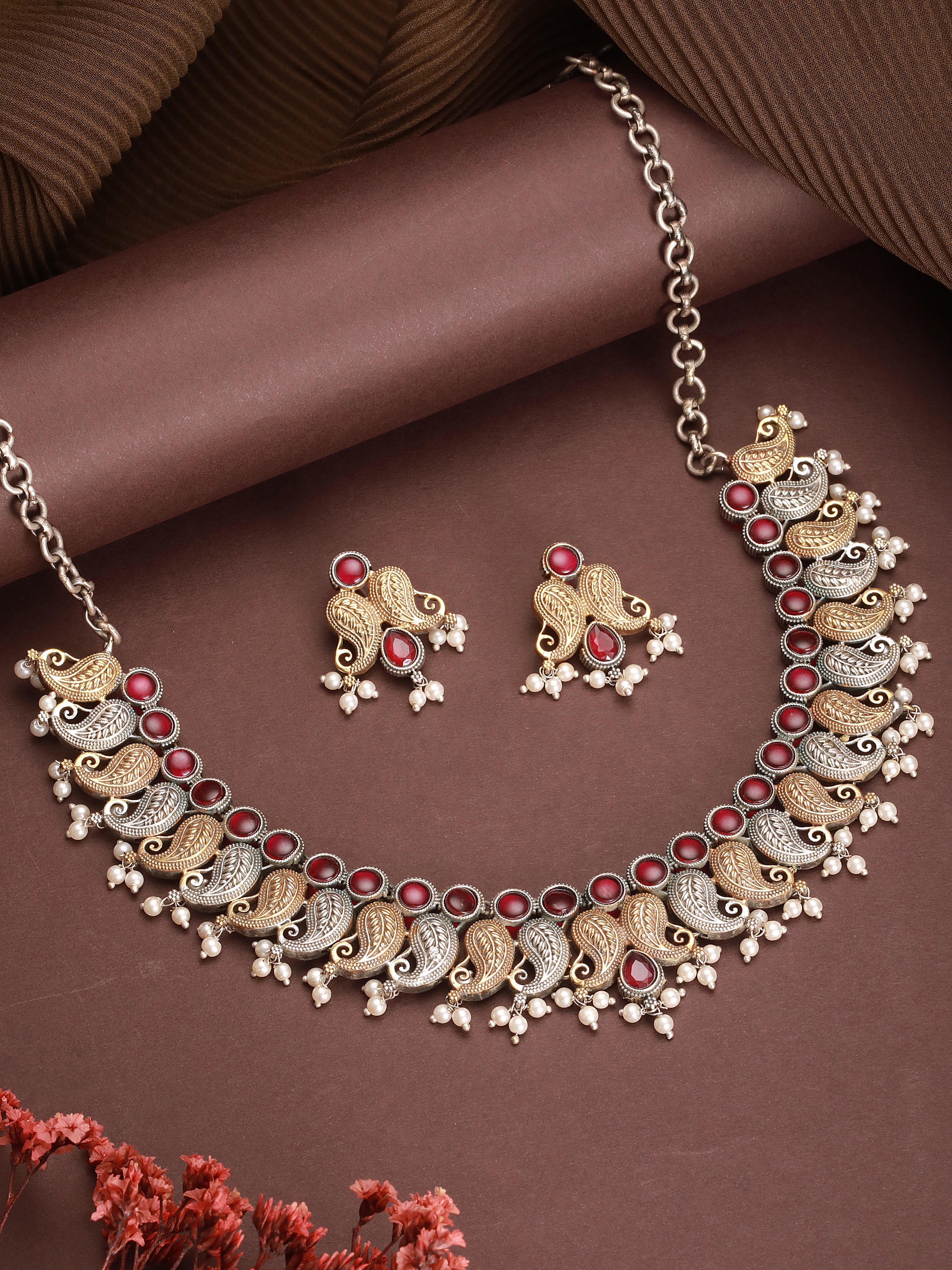 Oxidised Dual Toned Red Stoned Mango Design Statement Choker Jewellery Set